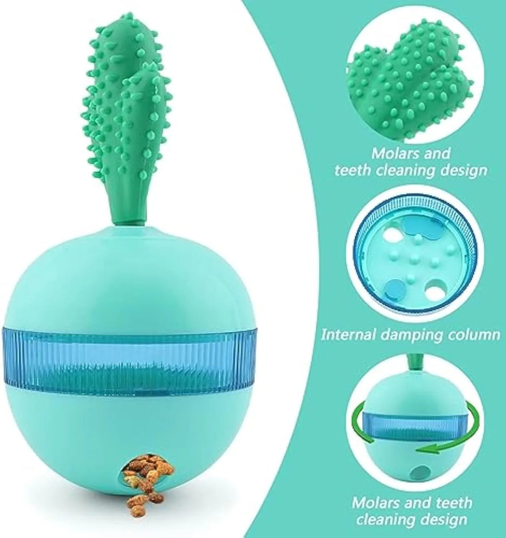 Blue durable rubber treat dispensing dog toy ball with tumbler design for medium large breeds