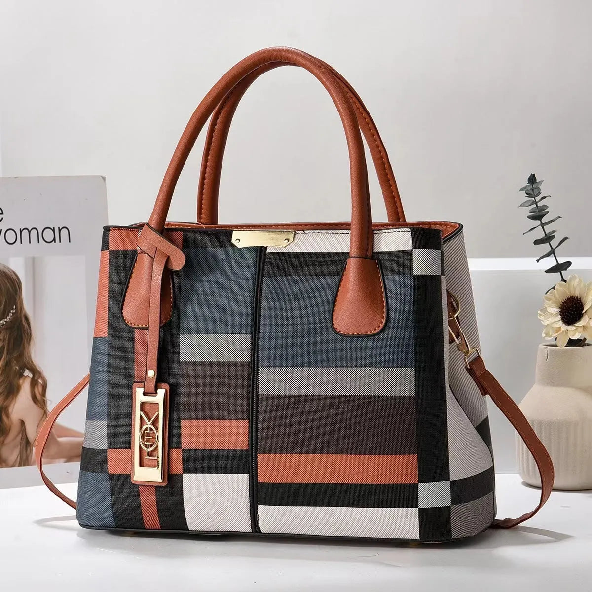 PU fashion shoulder handbag with leather strap in horizontal square design showing colour options