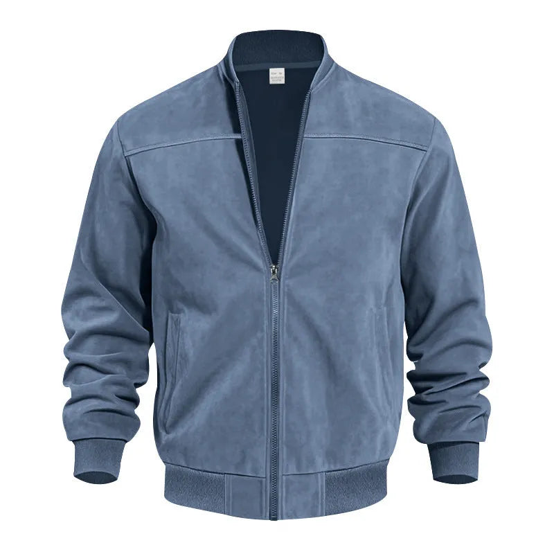 Man wearing a khaki suede casual zipper jacket with a regular fit.