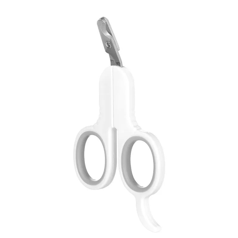 Grey and pink pet nail clippers with curved tips and a rubber-coated ergonomic handle for trimming claws.