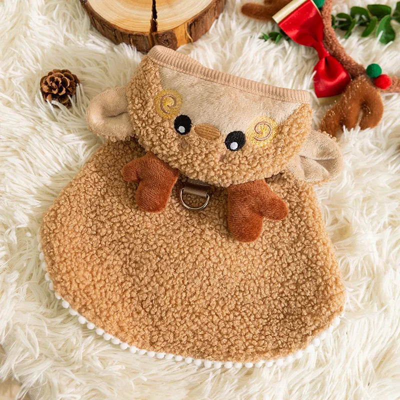 Cat autumn winter Christmas thickened elk cloak pet clothing polyester cartoon style brown green elk drawable