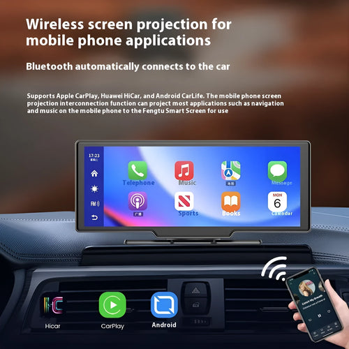 10-inch touch screen car display unit with Apple CarPlay, sat-nav, and integrated front and rear driving recorder cameras.