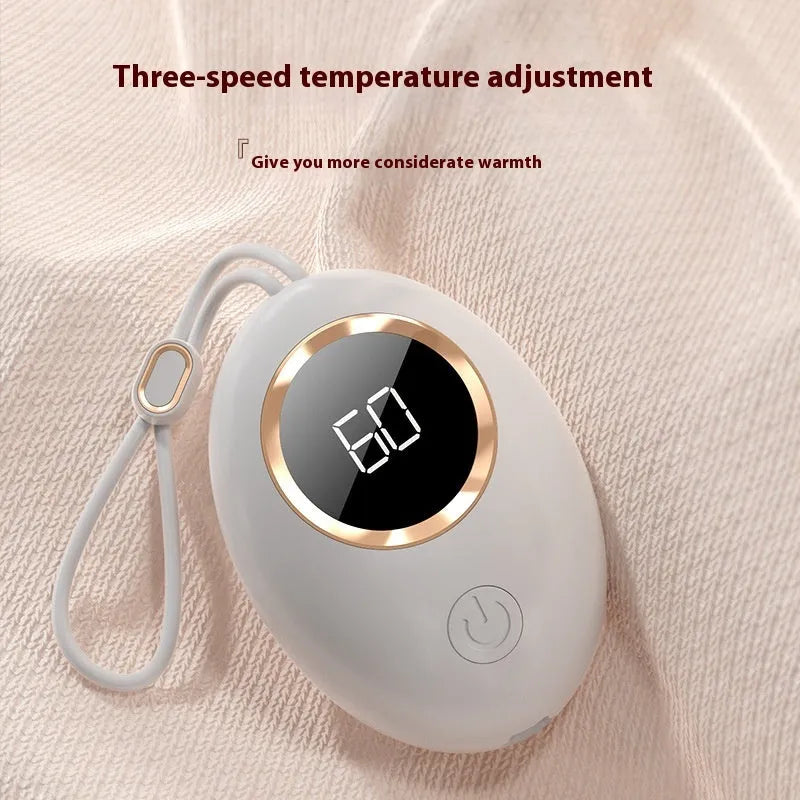 USB hand warmer with digital display in six colour options including pink, blue, green, and white