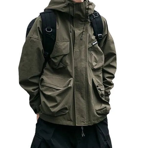 Men's loose hooded windproof jacket with three-dimensional side seam pockets in black, yellow, or green, sizes M to XXXL