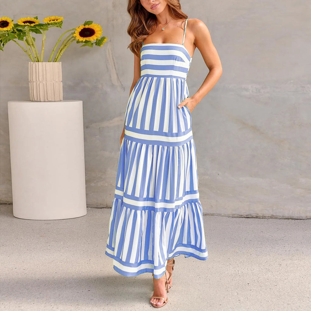 Women's square neck backless summer dress with suspender straps and side pockets in stretch fabric