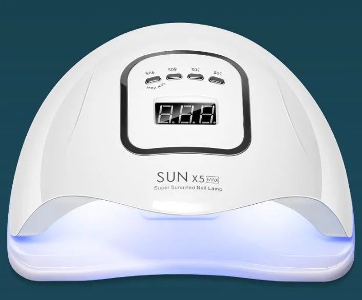 White nail polish drying lamp with dual UV LED light source and multiple timing buttons