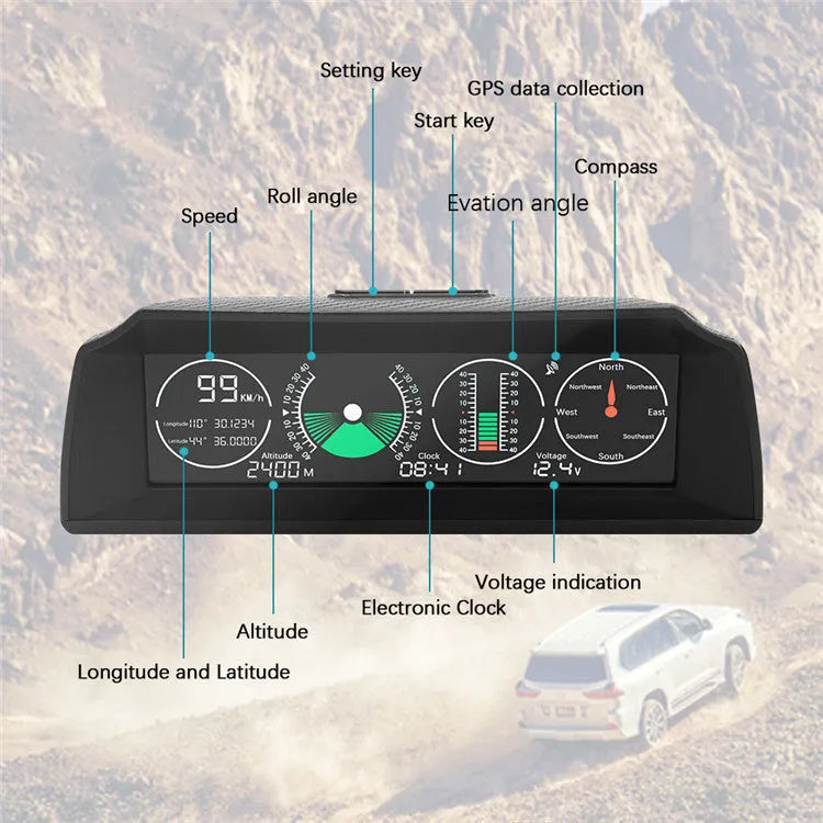 GPS GO 2 black car heads-up display showing speed, gradient angles, and compass on a colour LCD screen.