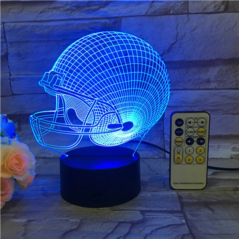 Rugby hat 3D lamp with USB power supply and 3W LED light, shown as a decorative night light.