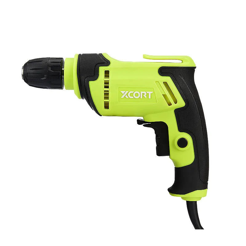 Pistol-grip 450W AC electric drill with a 10mm chuck on a workbench.