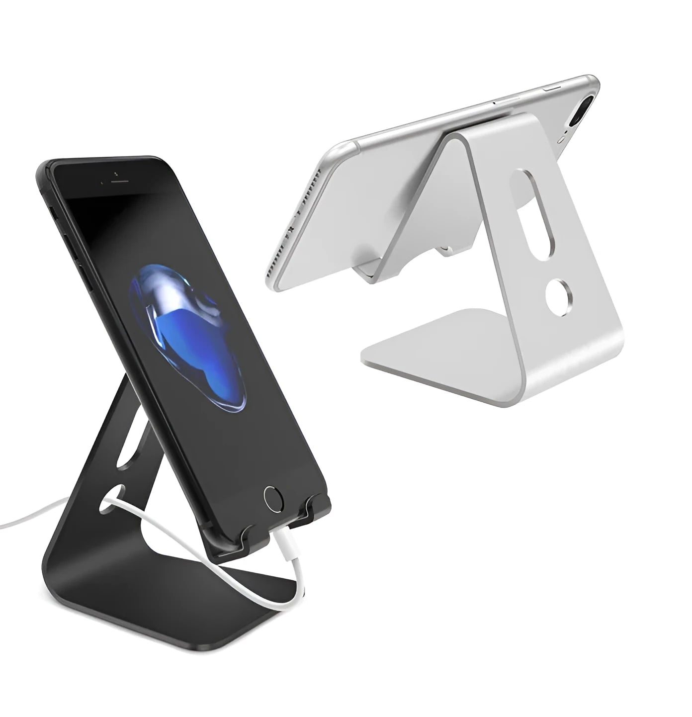 Aluminium Universal Phone Buddy stand holding a tablet, shown in silver colour.