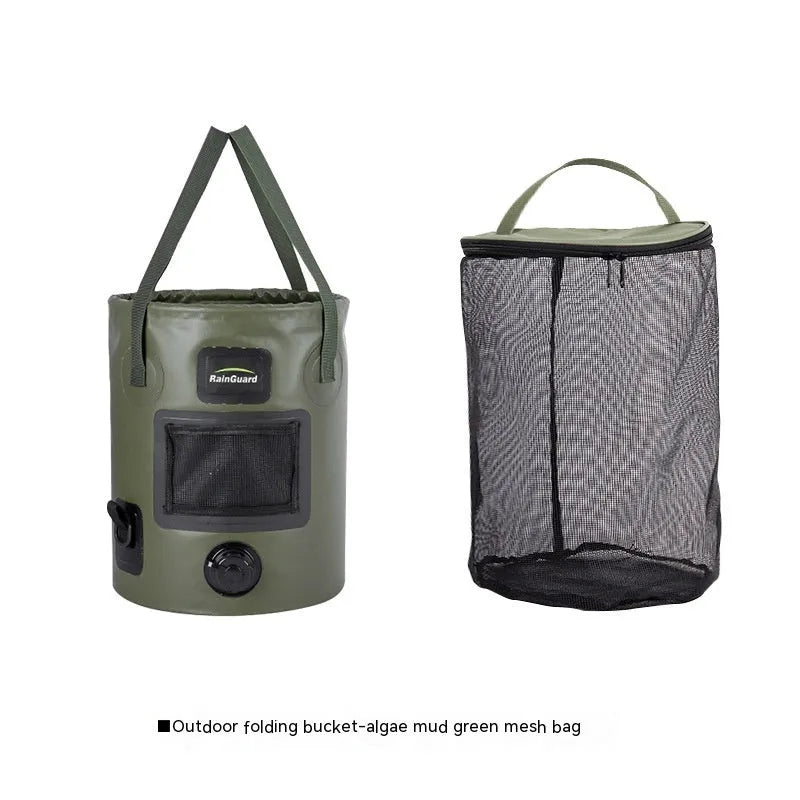 Lemon yellow plastic folding fishing bucket with a 25-litre capacity, shown both open and collapsed flat.