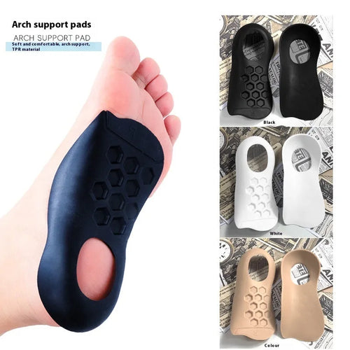 Pair of white TPR arch support insoles for varus correction, showing raised medial arch design.