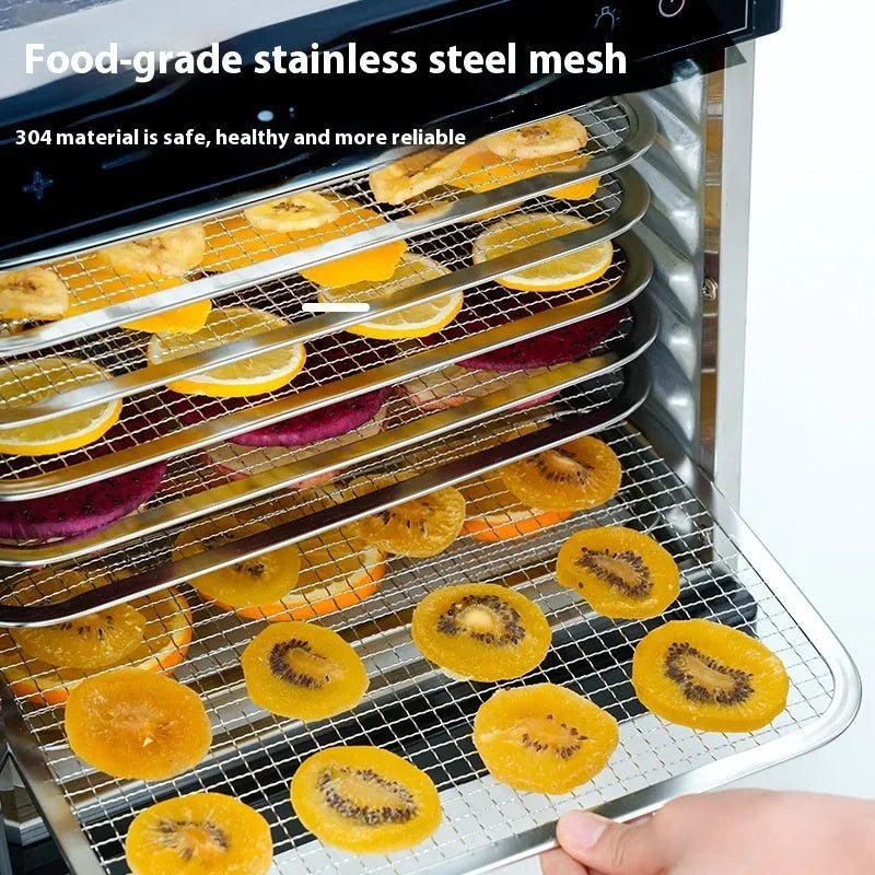 Stainless steel fruit dehydrator with multiple trays, LED control panel, and visual skylight window.