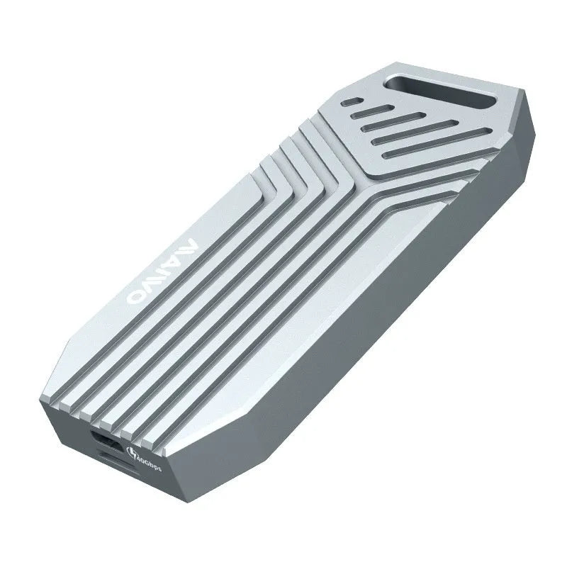 Silver and grey aluminium Thunderbolt 4 external SSD enclosure for M.2 drives, shown next to a cooling fan accessory.