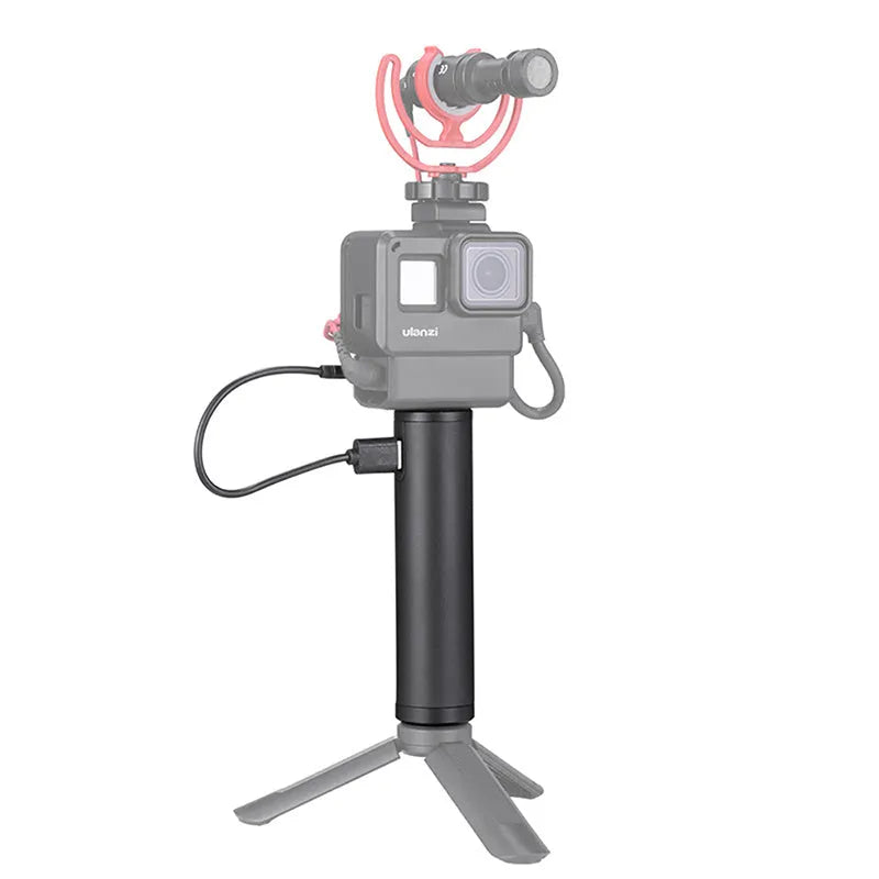 Black aluminium alloy portable power bank with a carry handle, showing its compact size.