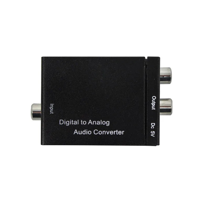 Black analog to digital audio converter with RCA-style jacks, coaxial input, 96 KHz support, EU and US models