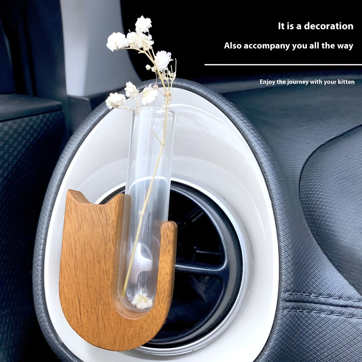 Wooden cat-shaped car vent vase in black walnut or beech with magnet or clip mount for centre console decoration