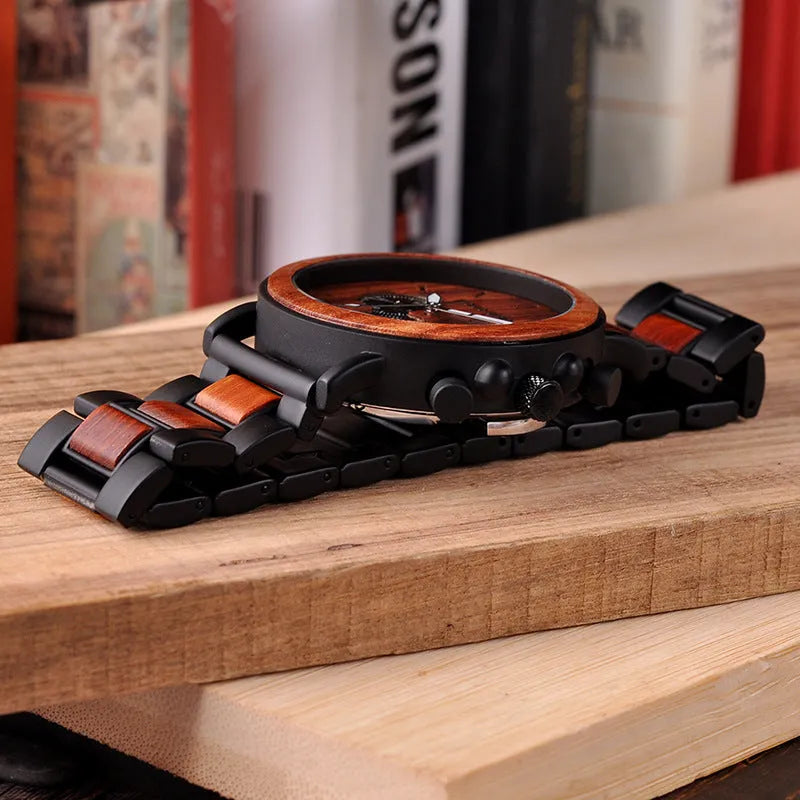BOBO BIRD Q09 wooden men's watch with 44mm natural wood case and Hardlex mirror, casual military chronograph style.