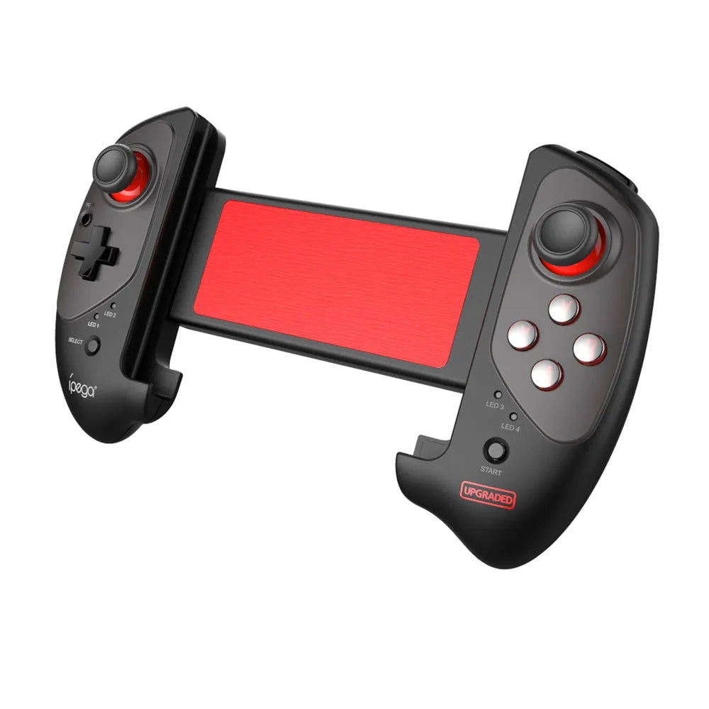 Red telescopic Bluetooth gamepad controller extended with a smartphone held in the centre.
