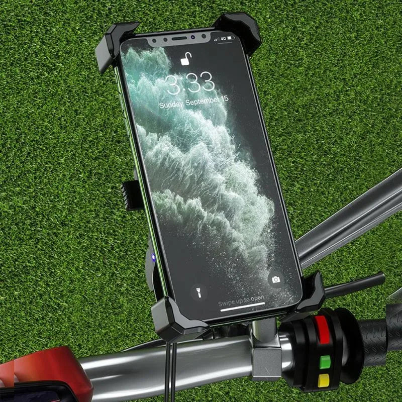 Black plastic motorcycle phone bracket with wireless charging stand mounted on handlebar, 135x70mm