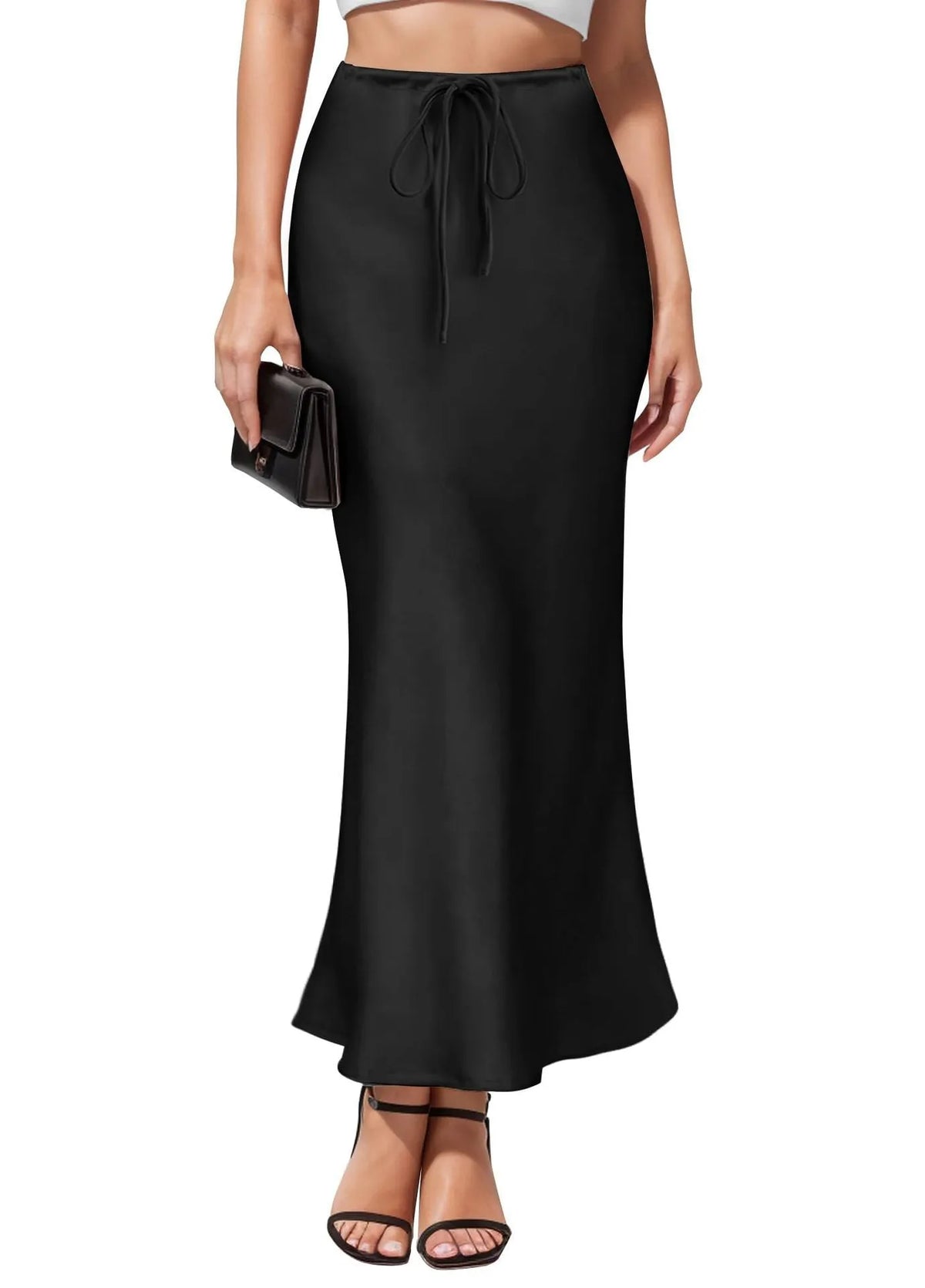 Asymmetric high-waist acetate satin skirt in solid colour with irregular stitching detail