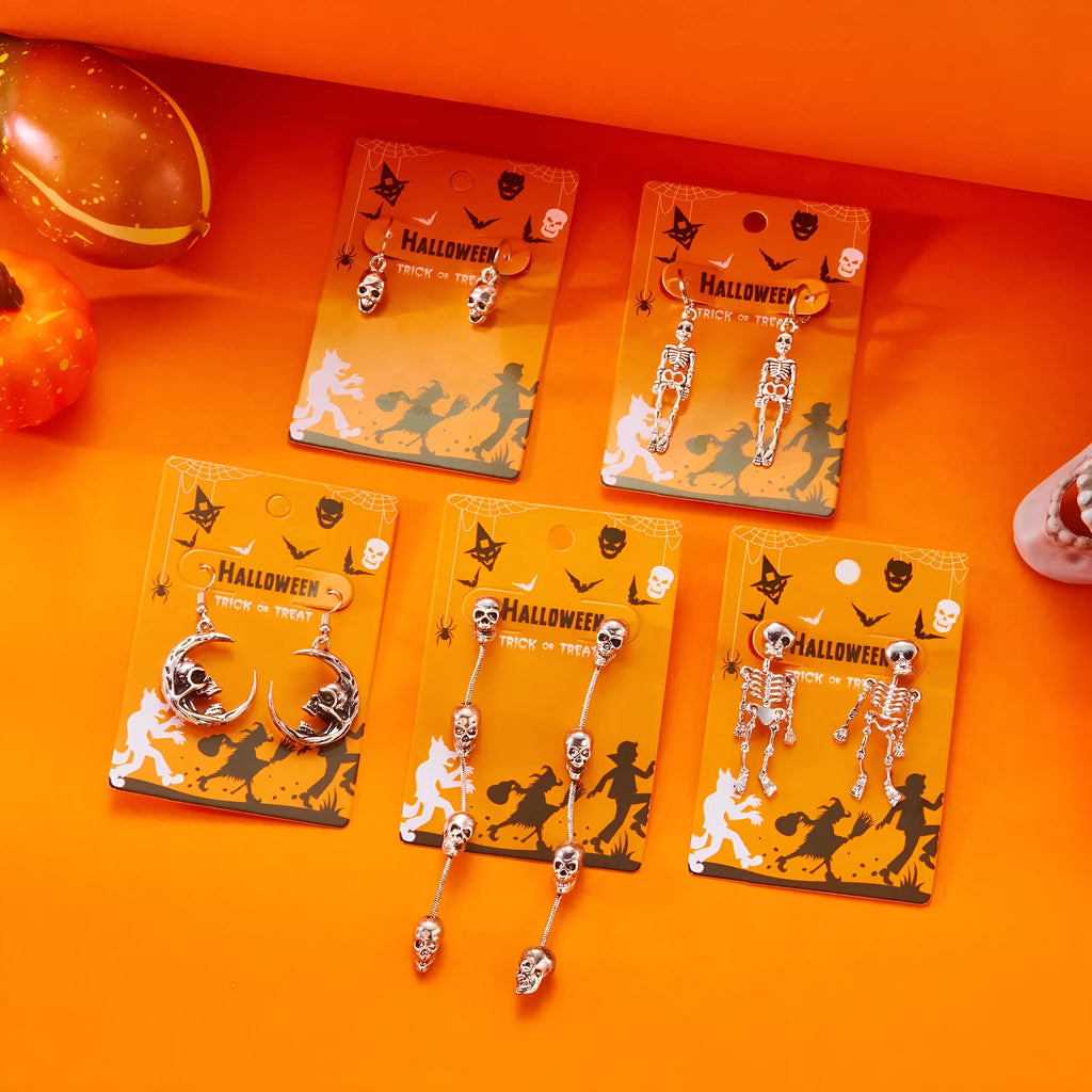 Long skull fringe earrings in electroplated alloy with pumpkin skull charm, women's dangle style, one pair