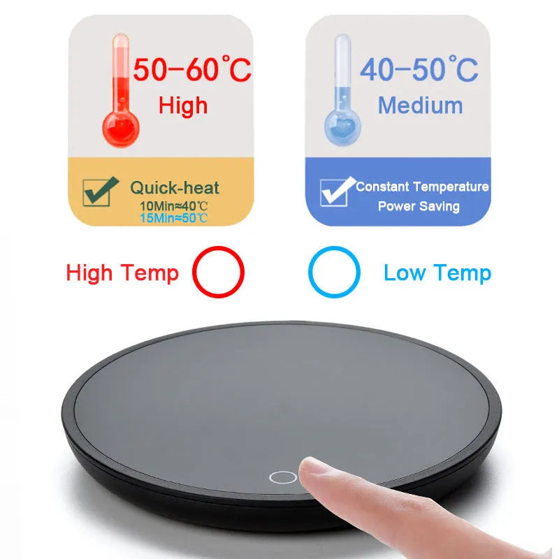 Black coffee mug warmer with 12cm diameter and temperature control switch