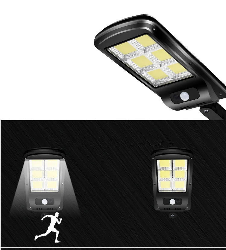 Black solar-powered outdoor motion sensor light mounted on a wall.