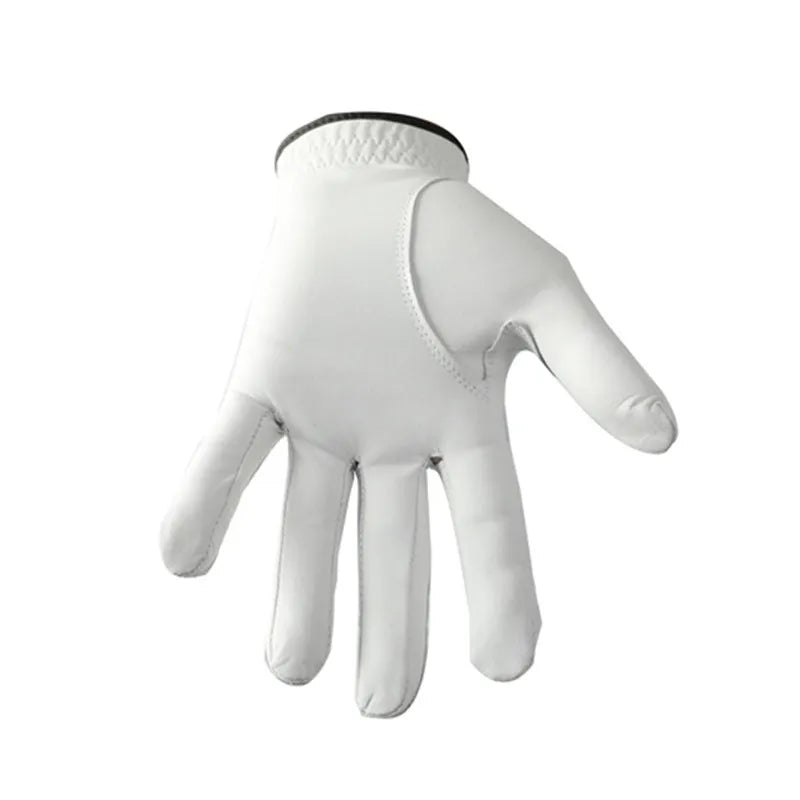 A single white men's golf glove made from breathable half sheepskin leather.