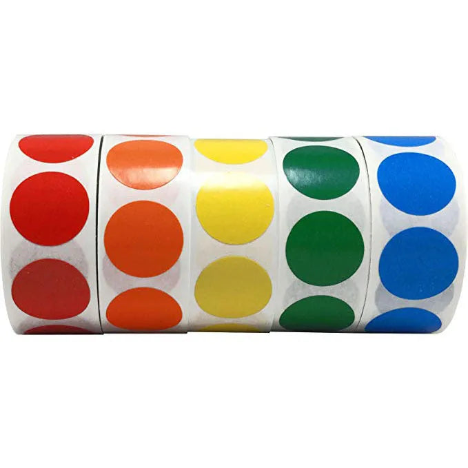 Roll of 500 chroma label colour code point labels, 2.5cm self-adhesive stickers with permanent glue in ten colours