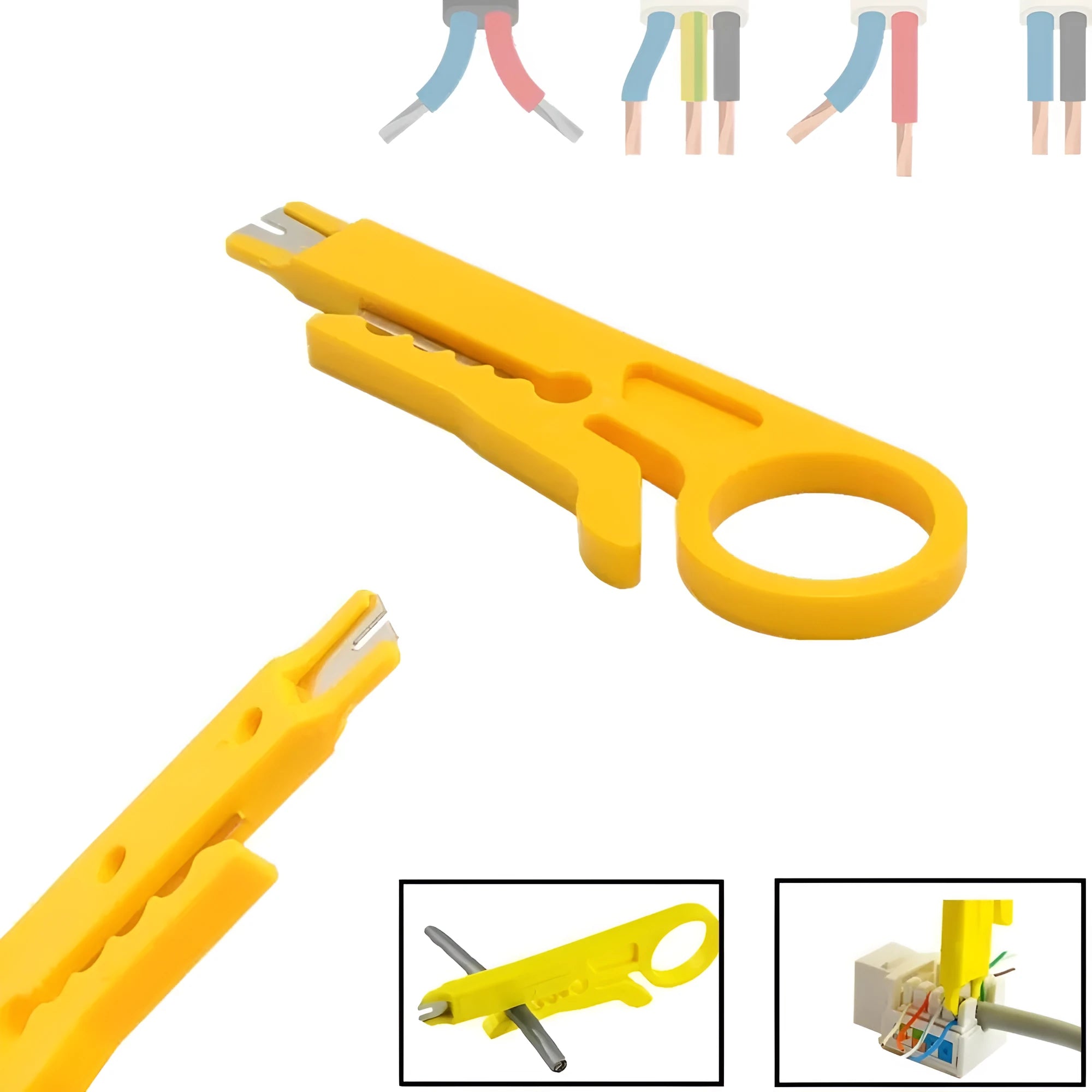 Yellow mini portable wire stripper tool with 0.6mm stripping head on a white background.