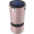 Portable mini car air purifier with True HEPA filter, USB cable, compact silver cup shape on car cup holder
