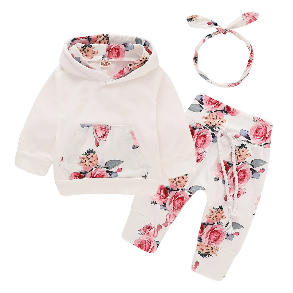 White children's hooded cotton printing pants suit with long sleeves for baby girls 0-1 years
