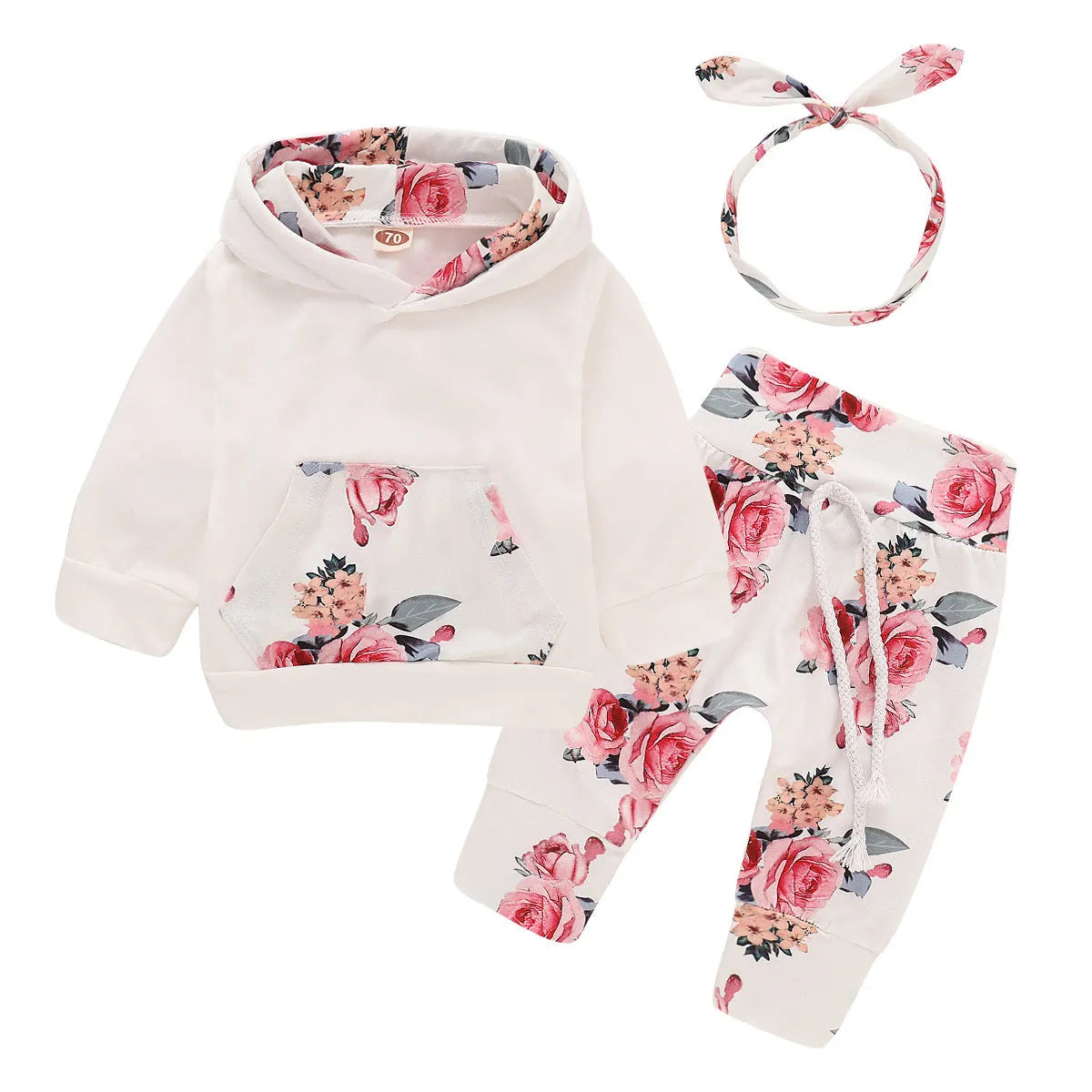 White children's hooded cotton printing pants suit with long sleeves for baby girls 0-1 years