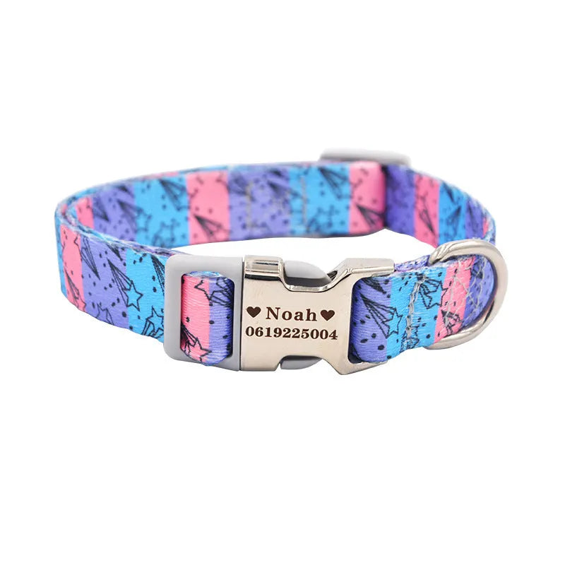 Custom dog collar with personalised lettering in black, available in three adjustable sizes for small to large dogs
