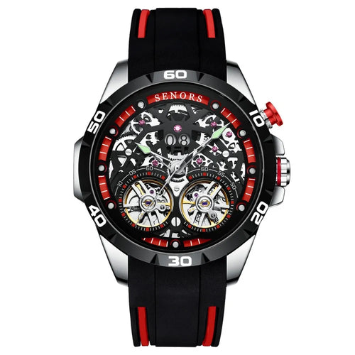 Automatic mechanical men's watch with luminous hollow dial in business style, showing red and blue colour options