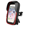 Black bicycle phone mount with waterproof zipper shown on a bike handlebar, holding a mobile phone.