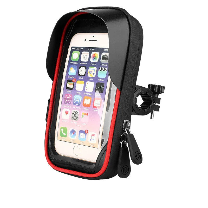 Black bicycle phone mount with waterproof zipper shown on a bike handlebar, holding a mobile phone.
