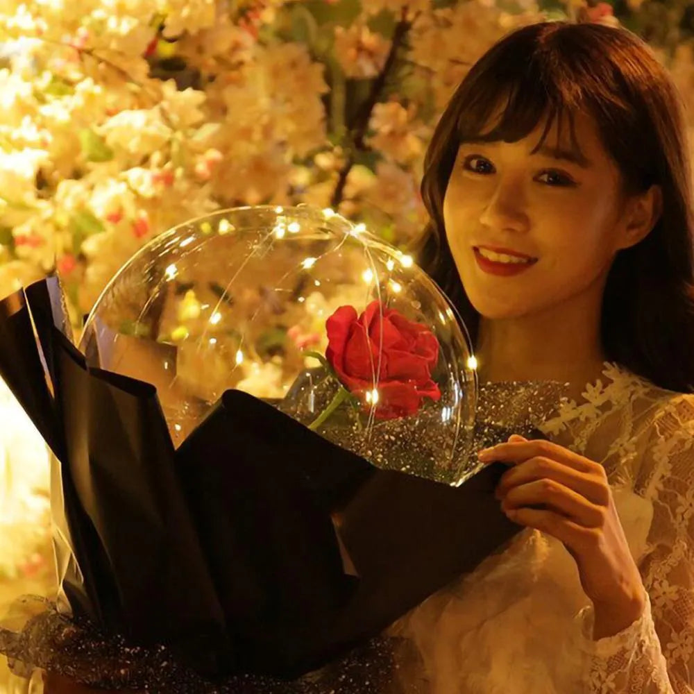 Transparent LED luminous balloon rose bouquet with artificial flowers and integrated lights for party decorations
