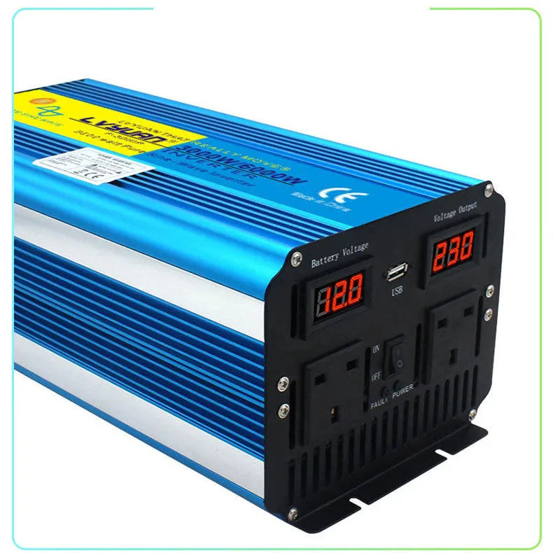 Blue 3000W car power inverter with digital displays converting 12V/24V to 220V pure sine wave