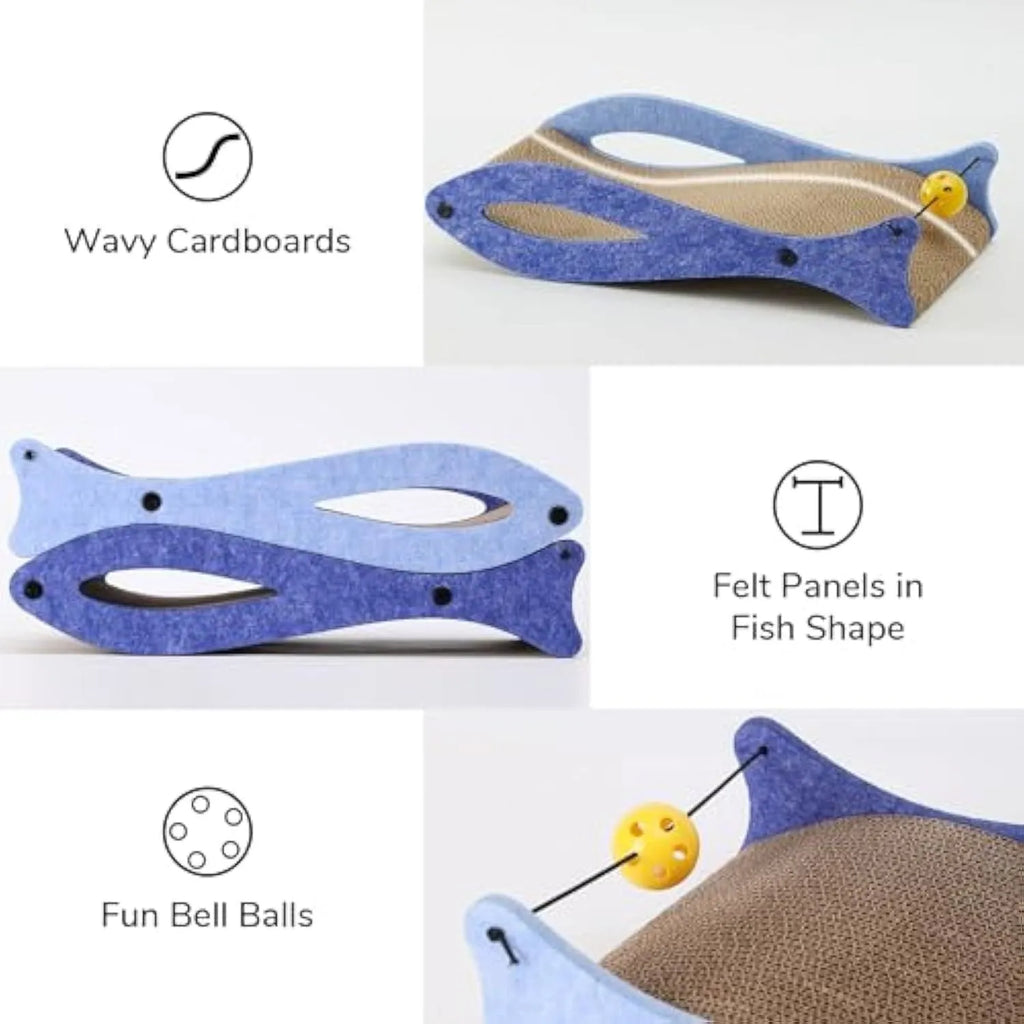 Blue fish-shaped cardboard cat scratcher lounge with a red bell ball toy on an elastic cord.
