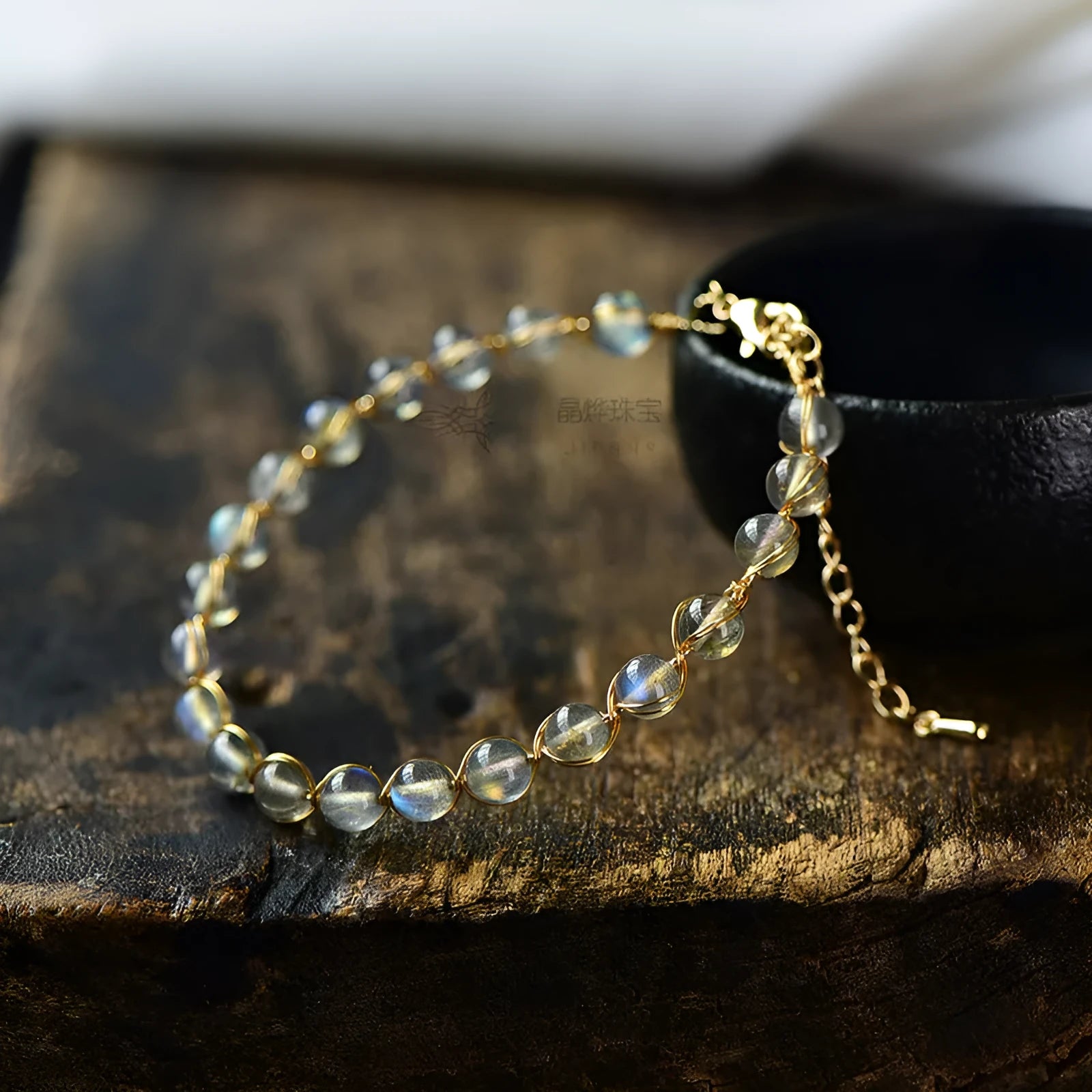 Crystal blue moonstone women's bracelet with 6mm natural stones and 14K gold-plated accents