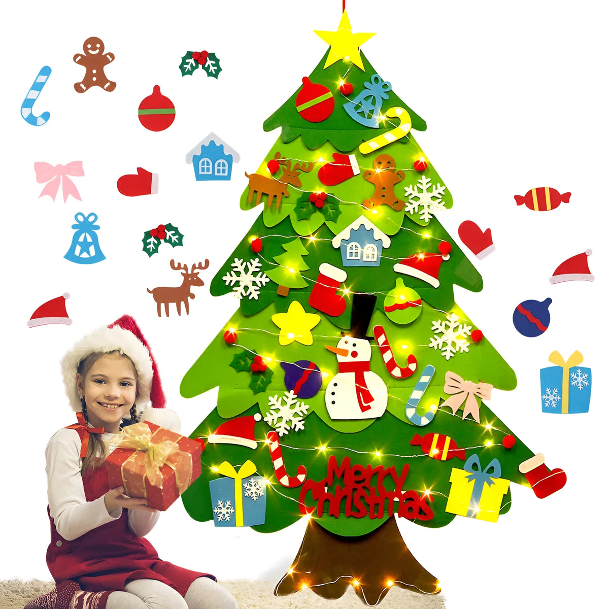 Children's DIY felt Christmas tree with lights green 98cm wall-mounted with snowman decoration