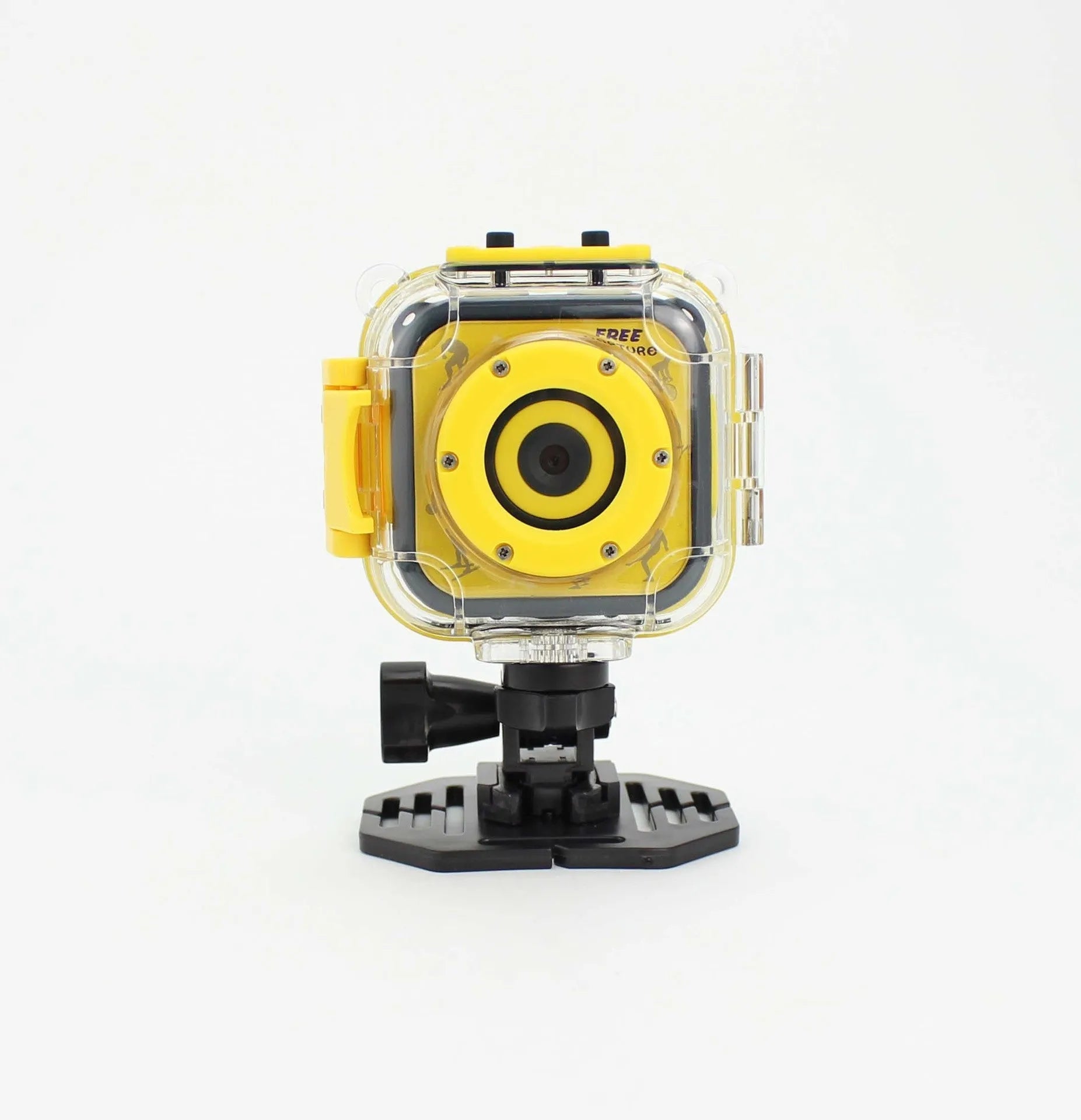 Yellow waterproof children's sports camera with 1.77-inch screen showing HD video recording capability