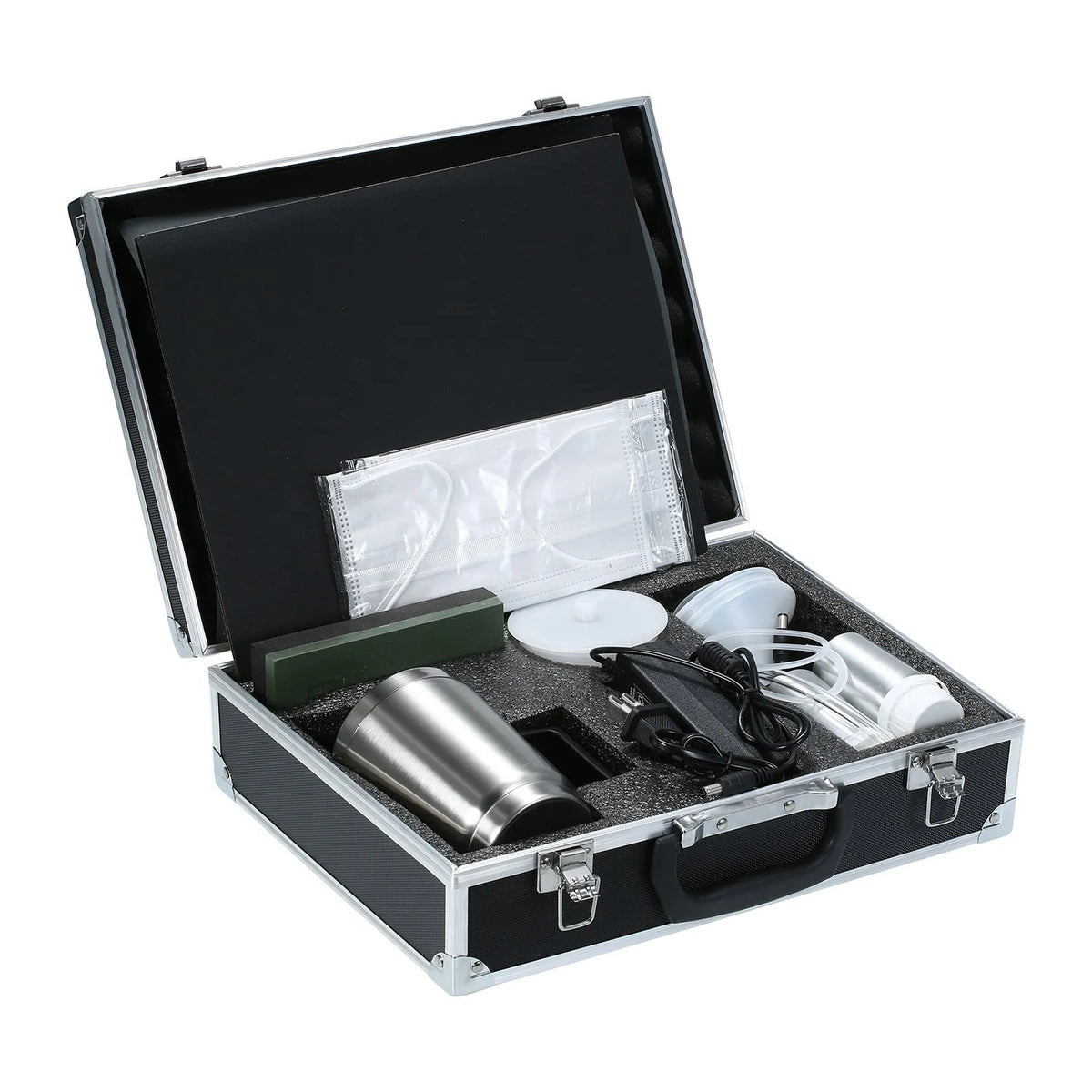 Car headlight repair tool kit in aluminium box with atomisation cup, sandpaper grades and AU or US plug option.