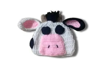 White hand knitted baby cow suit with hat and pants in wool and cotton