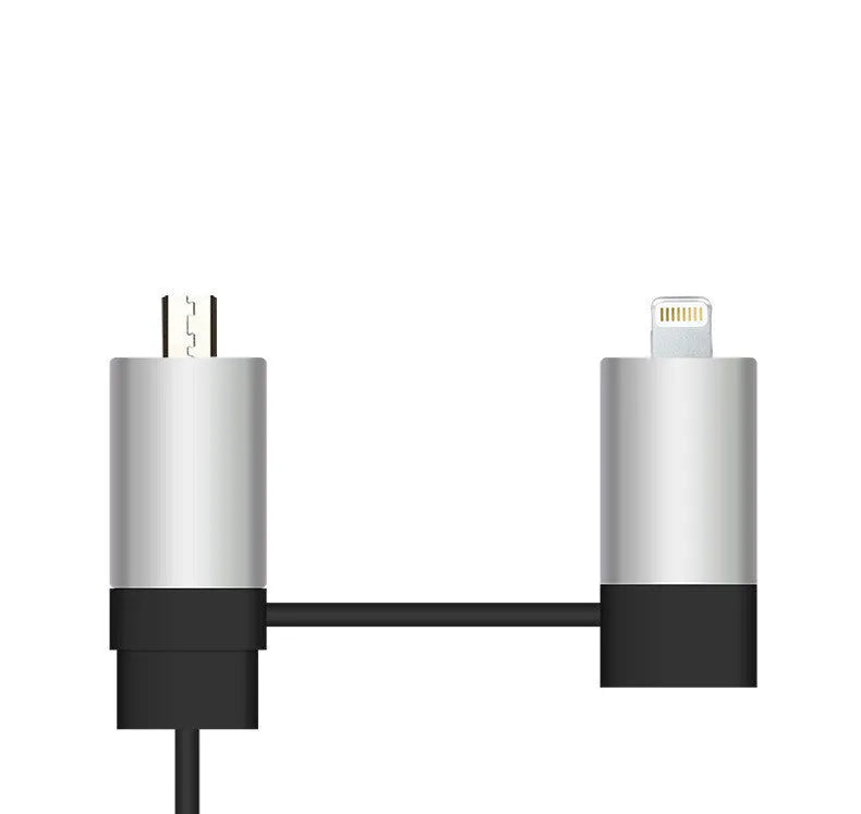 Black and gold dual USB car charger with retractable cable plugged into vehicle power socket