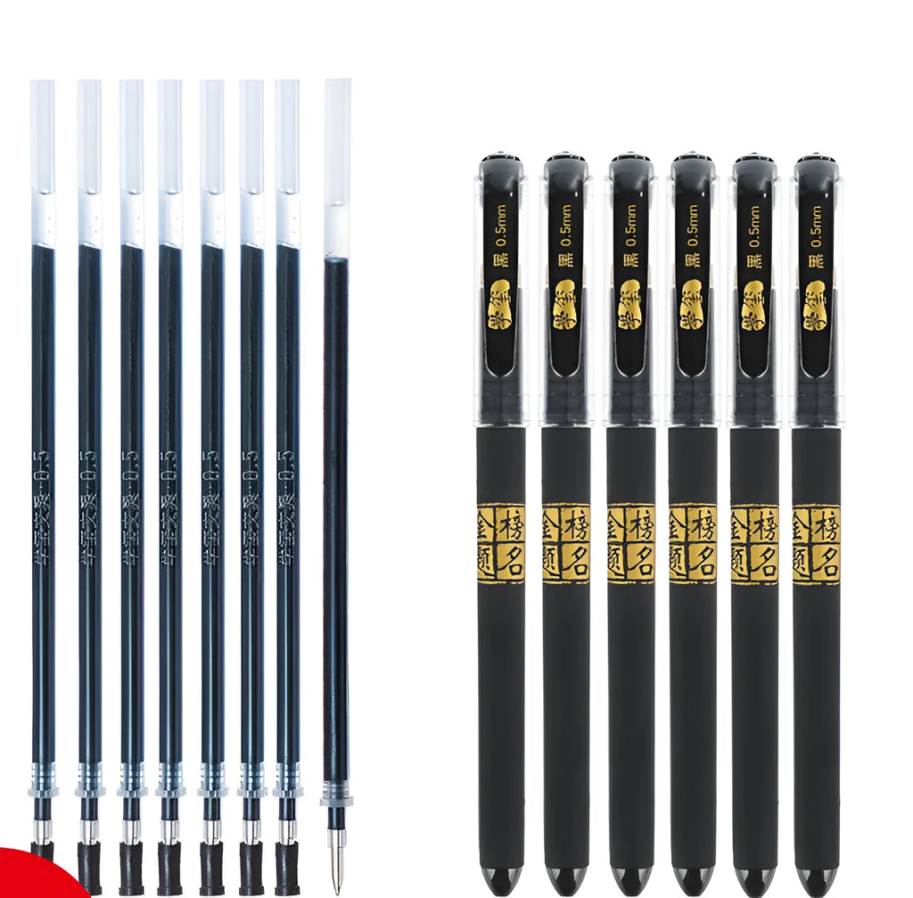 Set of 8 carbon black gel pens for students with needle and bullet tip options