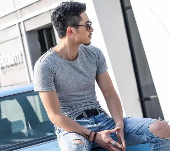 Men's short sleeve O-neck slim T shirt shown in gray, red, and white, sizes L to XXXL