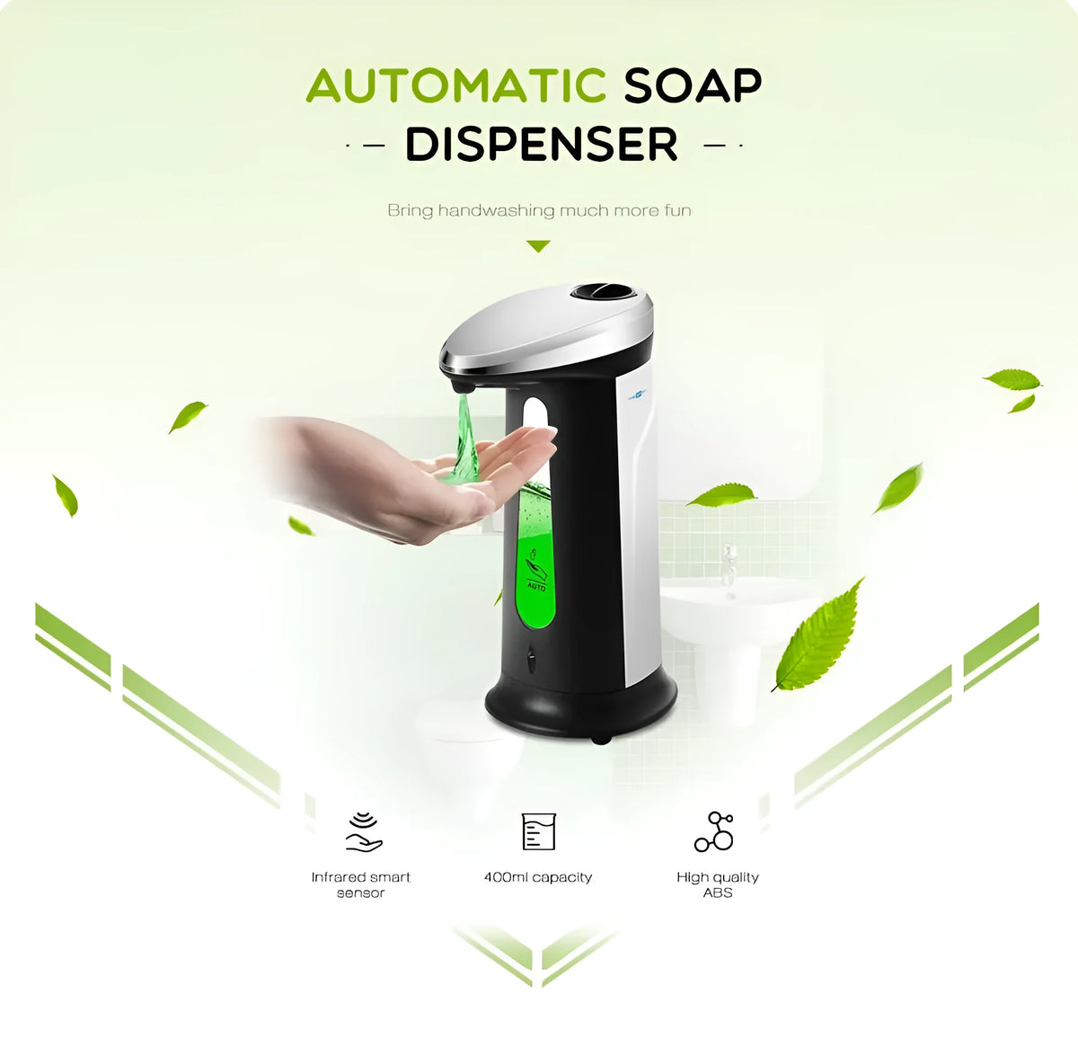 Automatic touchless soap dispenser, 400ml, ABS electroplated, 14.7 x 9 x 21.3cm, black